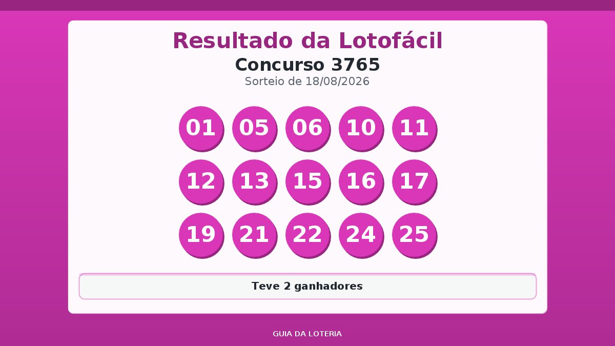 Resultado da Lotofácil concurso 3765